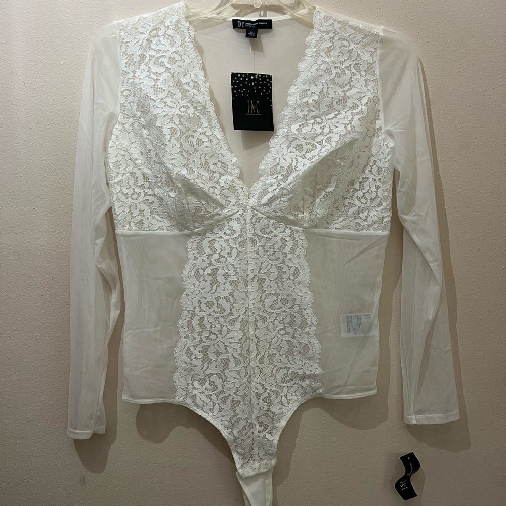 INC International Concepts Sheer White Lace Bodysuit